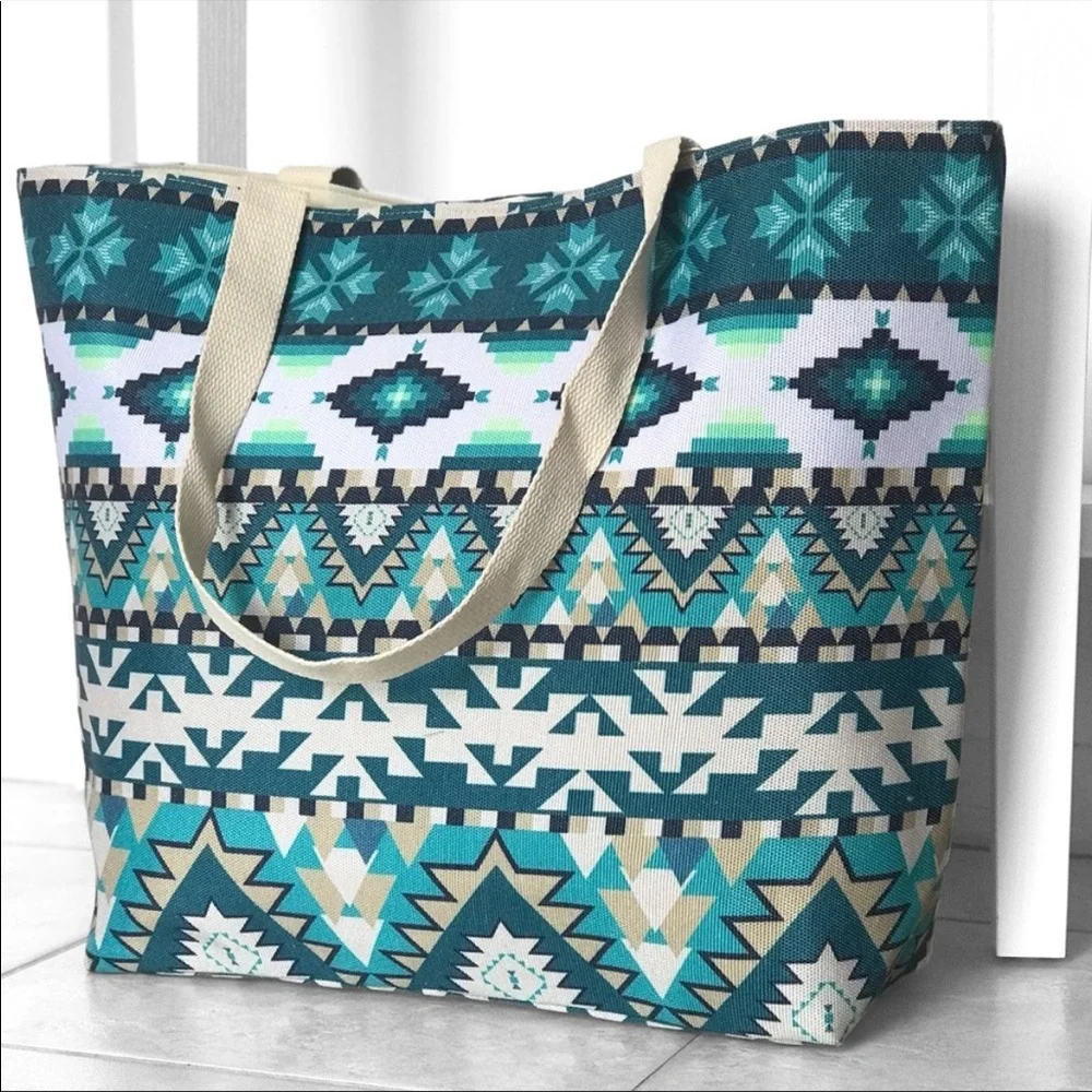 Aztec Print Green Blue Teal Summer Tote Bag - Picture 3 of 8